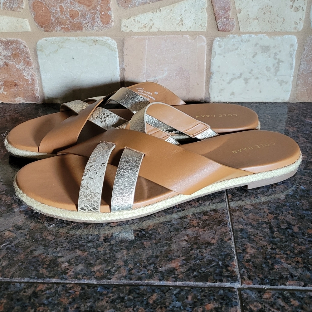 COLE HAAN Leather Metallic Slides Size 8